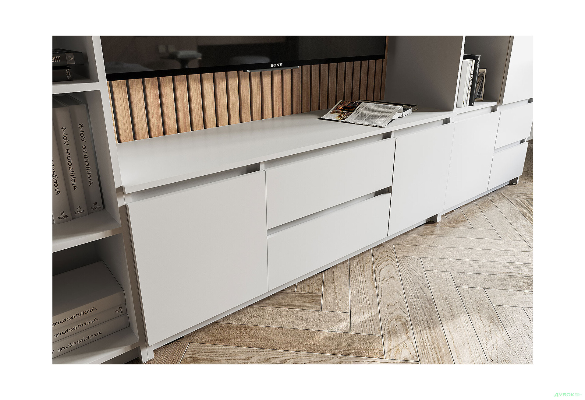 Тумба під ТВ Kredens furniture Естетик D-0003 з 2 шухлядами та 2 дверками 140 см, біла - Зображення 4 Зображення 4 - Тумба під ТВ Kredens furniture Естетик D-0003 з 2 шухлядами та 2 дверками 140 см, біла