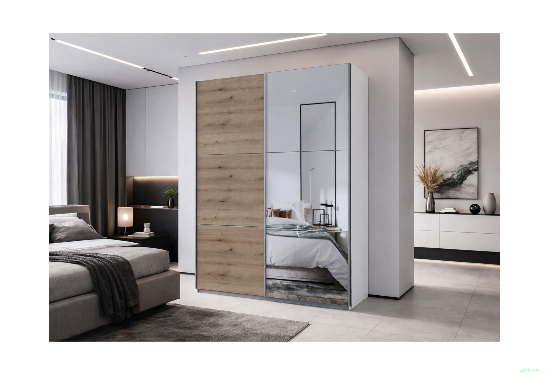 Зображення 2 - Шафа-купе Doros G-Caiser / Джі-Кейзер 2-дверна з дзеркалом 160 см, білий / дуб евок