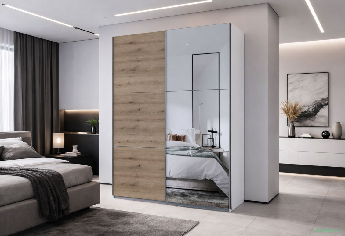 Зображення 2 - Шафа-купе Doros G-Caiser / Джі-Кейзер 2-дверна з дзеркалом 160 см, білий / дуб евок