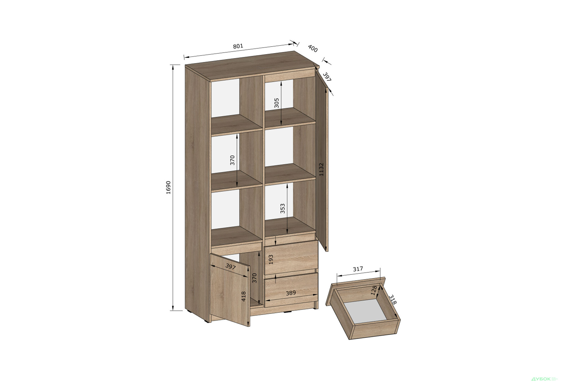 Зображення 2 - Шафа-пенал Kredens furniture Естетик D-0002 з полицями та шухлядами 80 см, дуб сонома / білий