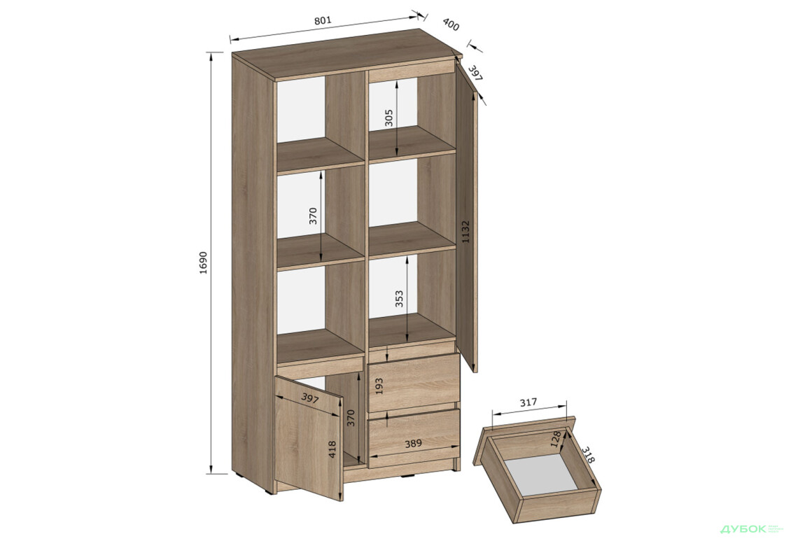 Зображення 2 - Шафа-пенал Kredens furniture Естетик D-0002 з полицями та шухлядами 80 см, дуб сонома / білий