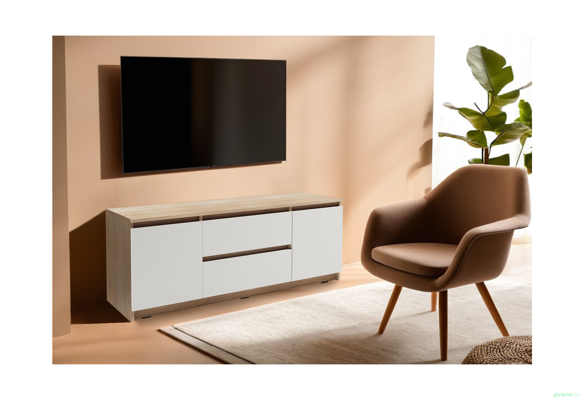 Зображення 2 - Тумба під ТВ Kredens furniture Естетик D-0003 з 2 шухлядами та 2 дверками 140 см, дуб сонома / білий