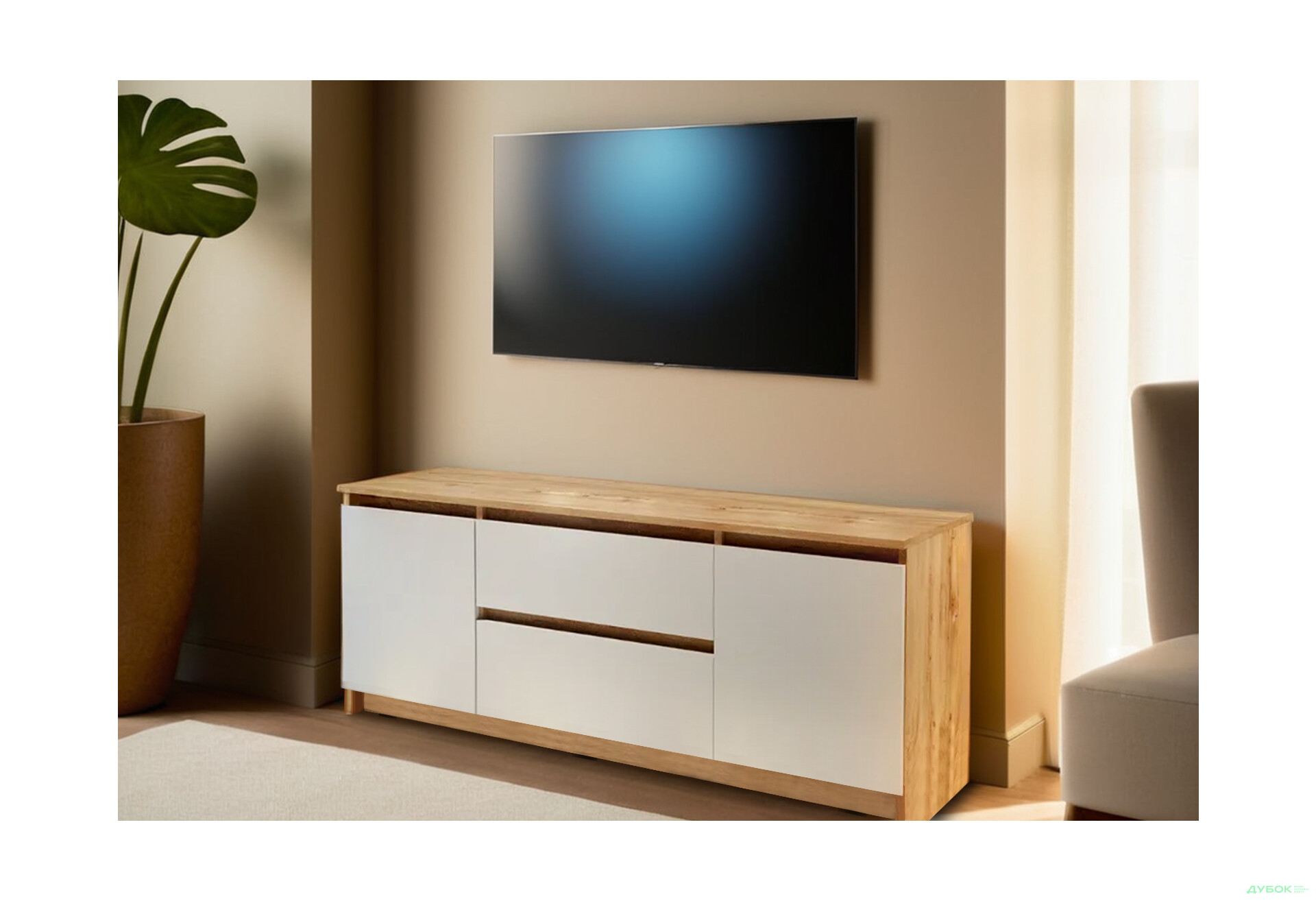 Изображение 2 - Тумба под ТВ Креденс Фениче Эстетик D-0003 с 2 ящиками и 2 дверками 140 см, дуб аппалачи / белый