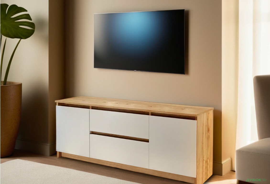 Изображение 2 - Тумба под ТВ Креденс Фениче Эстетик D-0003 с 2 ящиками и 2 дверками 140 см, дуб аппалачи / белый