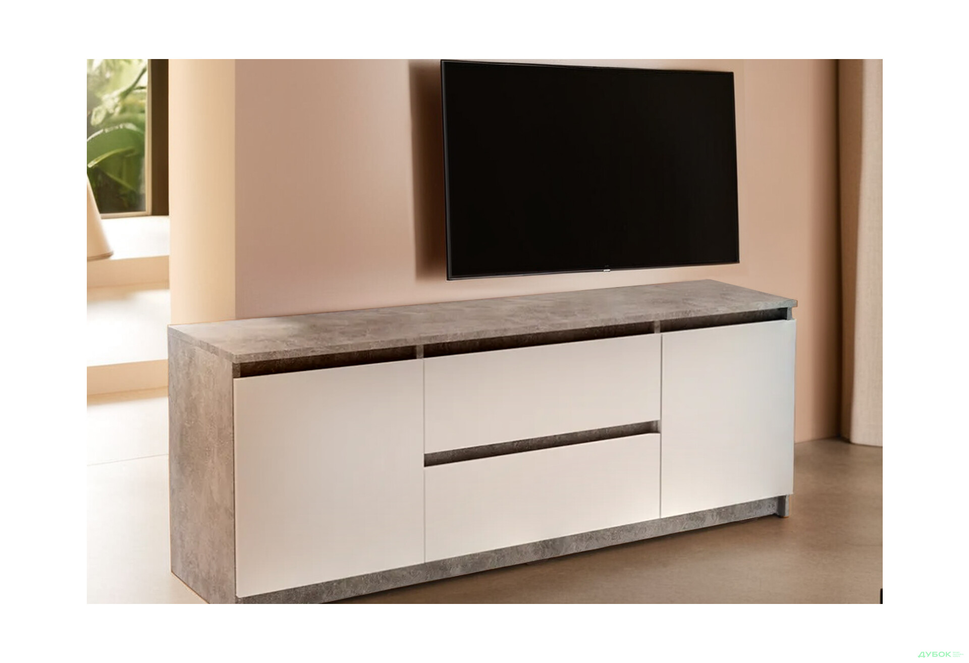 Зображення 2 - Тумба під ТВ Kredens furniture Естетик D-0003 з 2 шухлядами та 2 дверками 140 см, бетон / білий