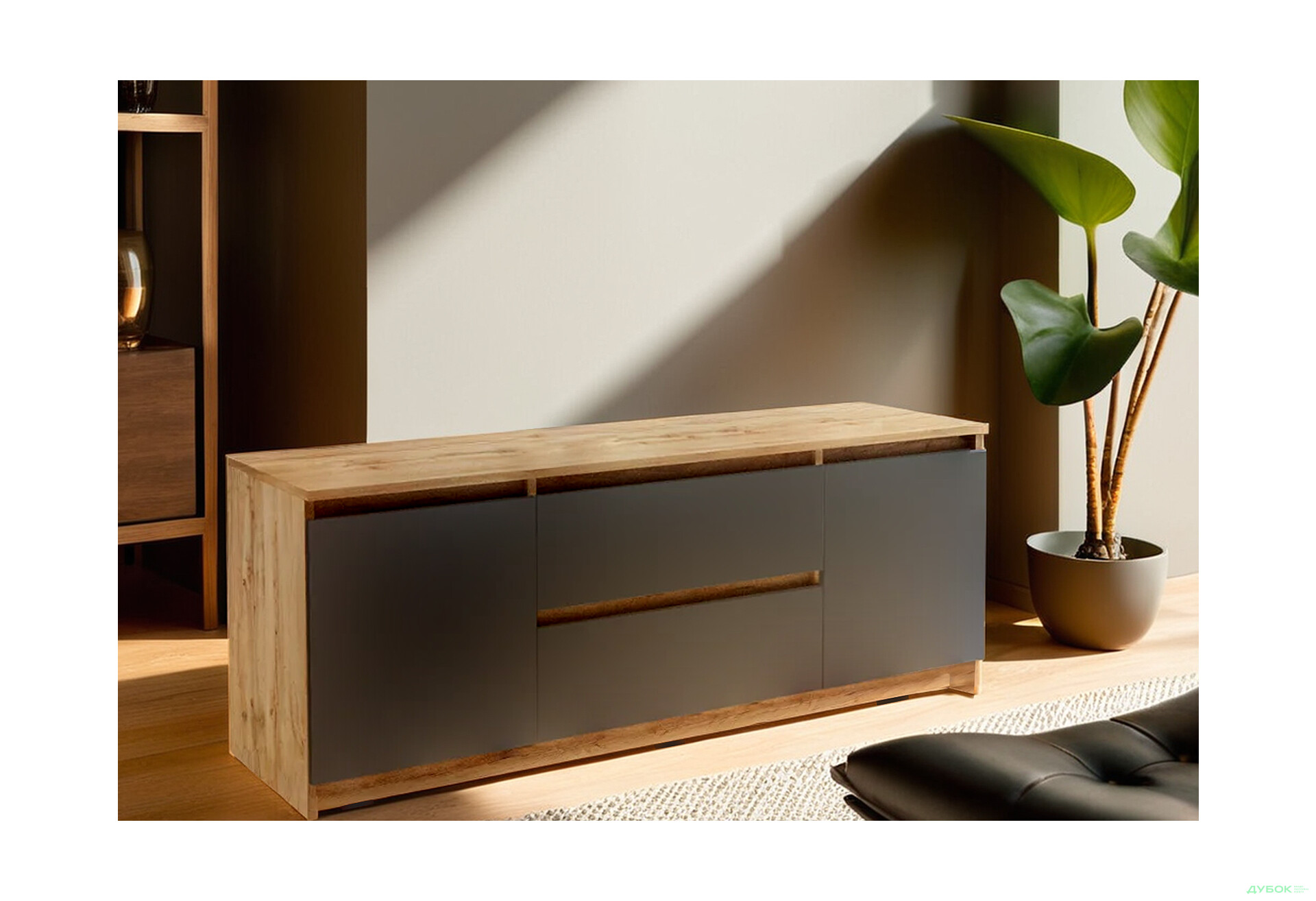 Тумба под ТВ Креденс Фениче Эстетик D-0003 с 2 ящиками и 2 дверками 140 см, дуб аппалачи / антрацит - Изображение 2 Изображение 2 - Тумба под ТВ Креденс Фениче Эстетик D-0003 с 2 ящиками и 2 дверками 140 см, дуб аппалачи / антрацит