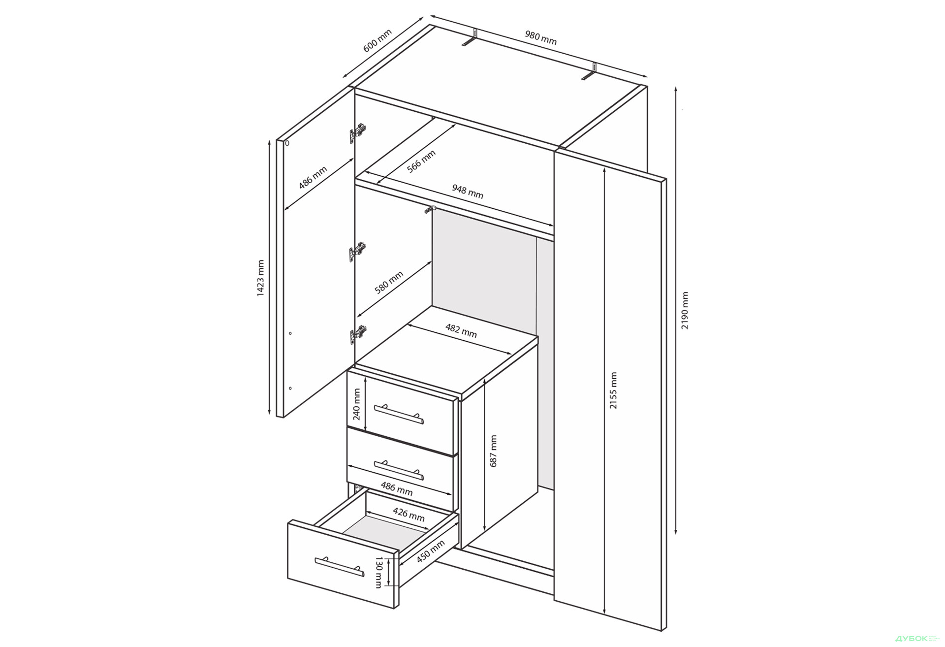 Шкаф MiroMark Магнум 2-дверный з 3 ящиками 98 см, белый - Изображение 5 Изображение 5 - Шкаф MiroMark Магнум 2-дверный з 3 ящиками 98 см, белый