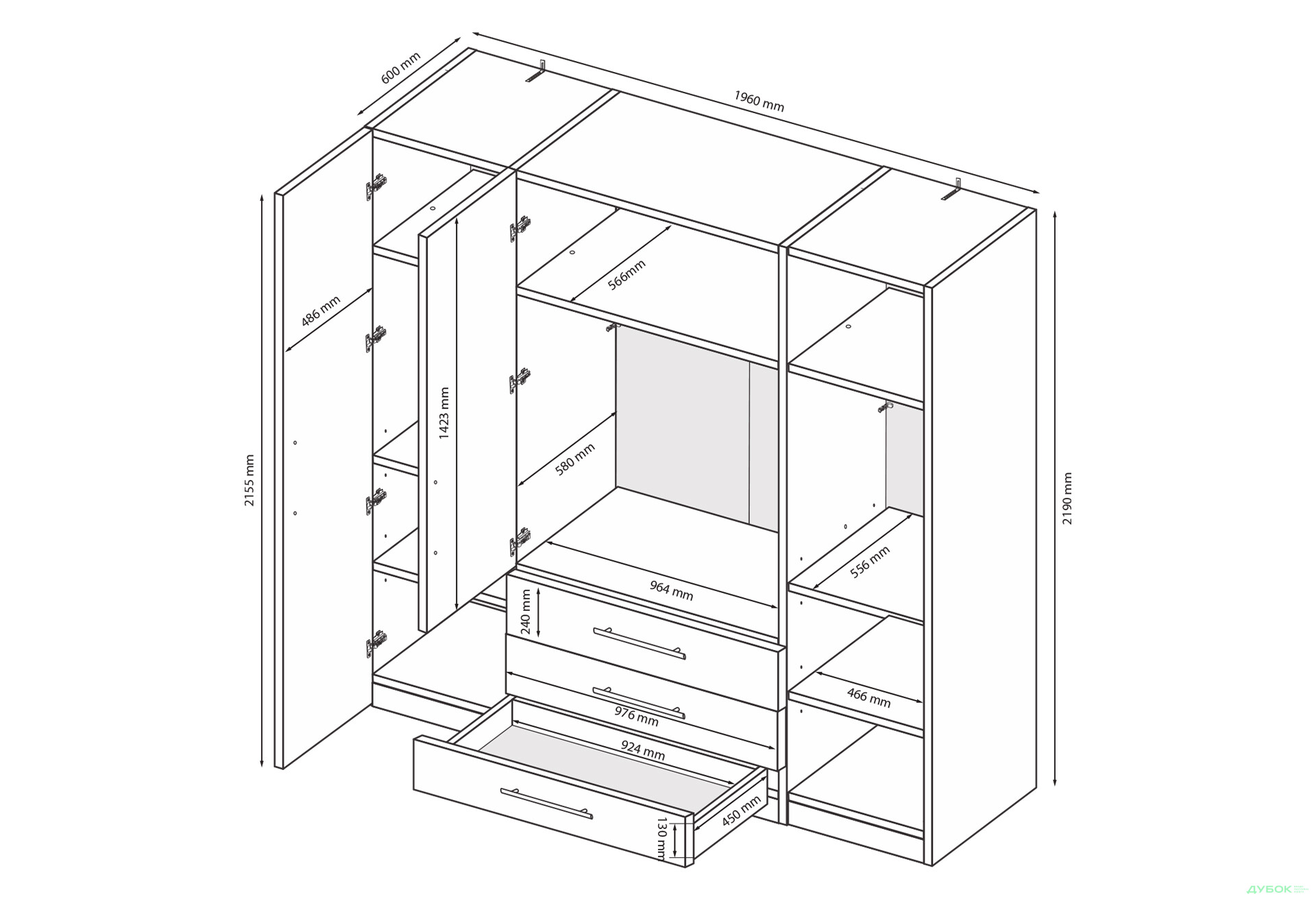 Изображение 6 - Шкаф MiroMark Магнум 4-дверный з 3 ящиками 196 см, антрацит
