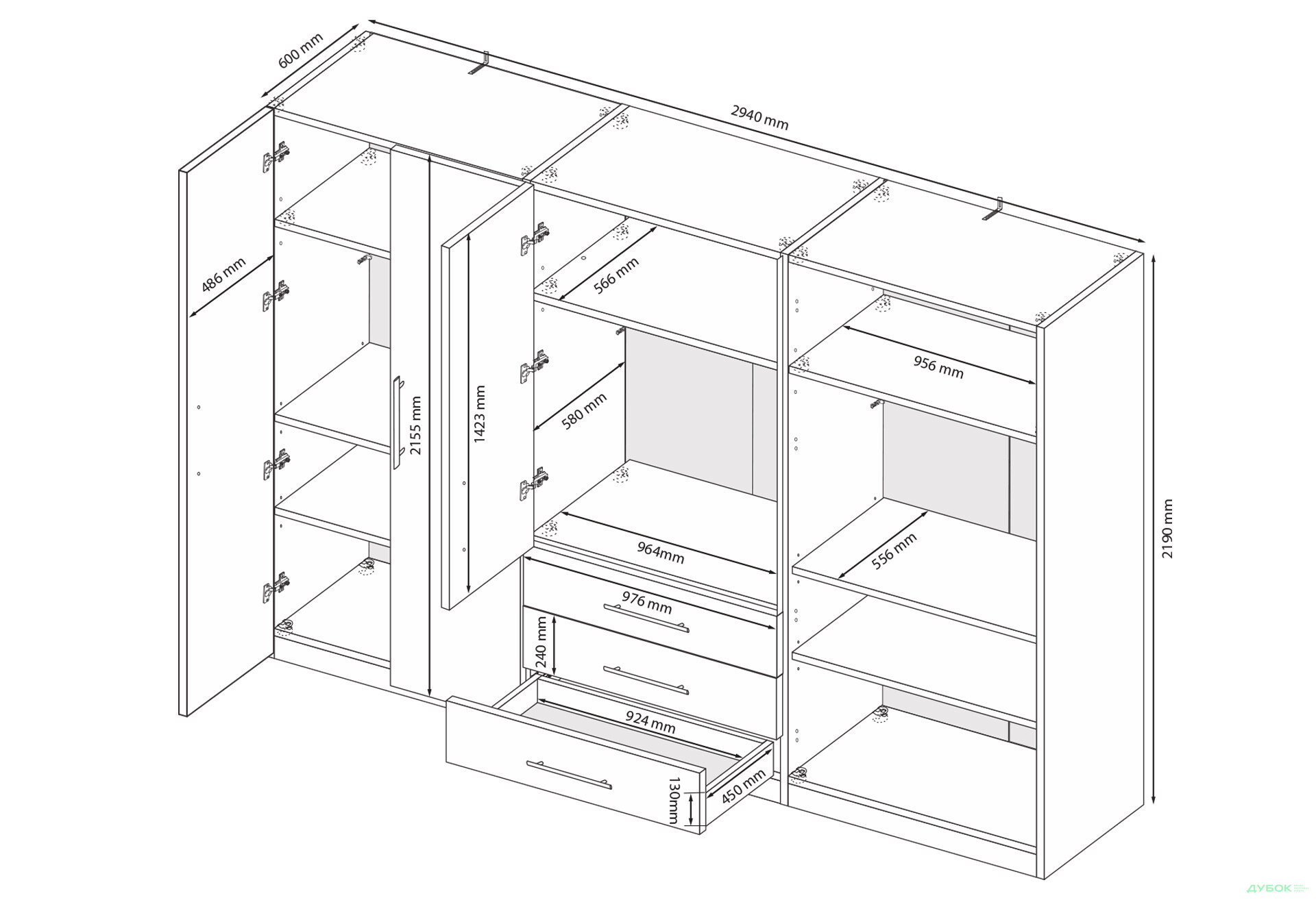Изображение 6 - Шкаф MiroMark Магнум 6-дверный з 3 ящиками 294 см, белый