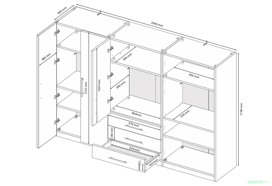 Шафа MiroMark Магнум 6-дверна з 3 шухлядами 294 см, антрацит - Зображення 6 Зображення 6 - Шафа MiroMark Магнум 6-дверна з 3 шухлядами 294 см, антрацит