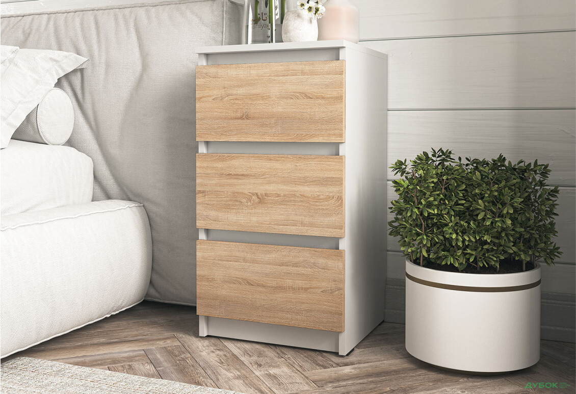 Комод Moreli Т 216 с 3 ящиками 40 см белый / дуб сонома - Изображение 2 Изображение 2 - Комод Moreli Т 216 с 3 ящиками 40 см белый / дуб сонома