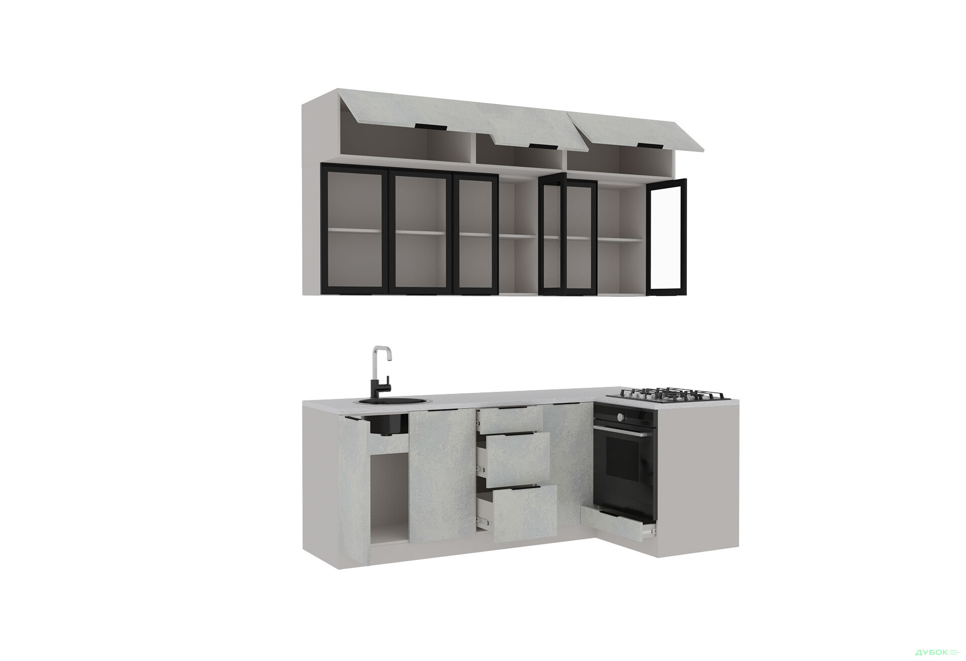 Угловая кухня Диплос / Diplos Blum 2.2х1.2 Мебель Стар 3-ярусная, бетон белый - Изображение 3 Изображение 3 - Угловая кухня Диплос / Diplos Blum 2.2х1.2 Мебель Стар 3-ярусная, бетон белый