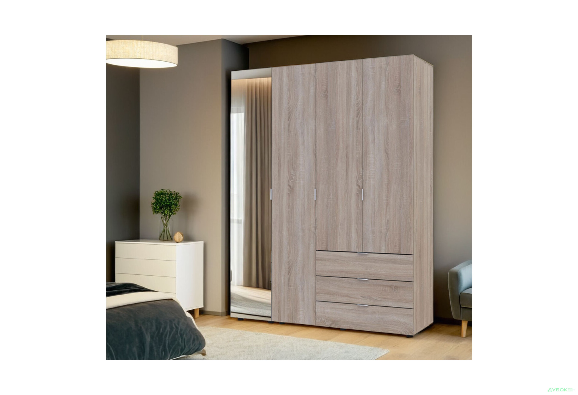 Изображение 2 - Шкаф Doros Гелар 4-дверная с зеркалом і 3 ящиками 155 см Дуб сонома