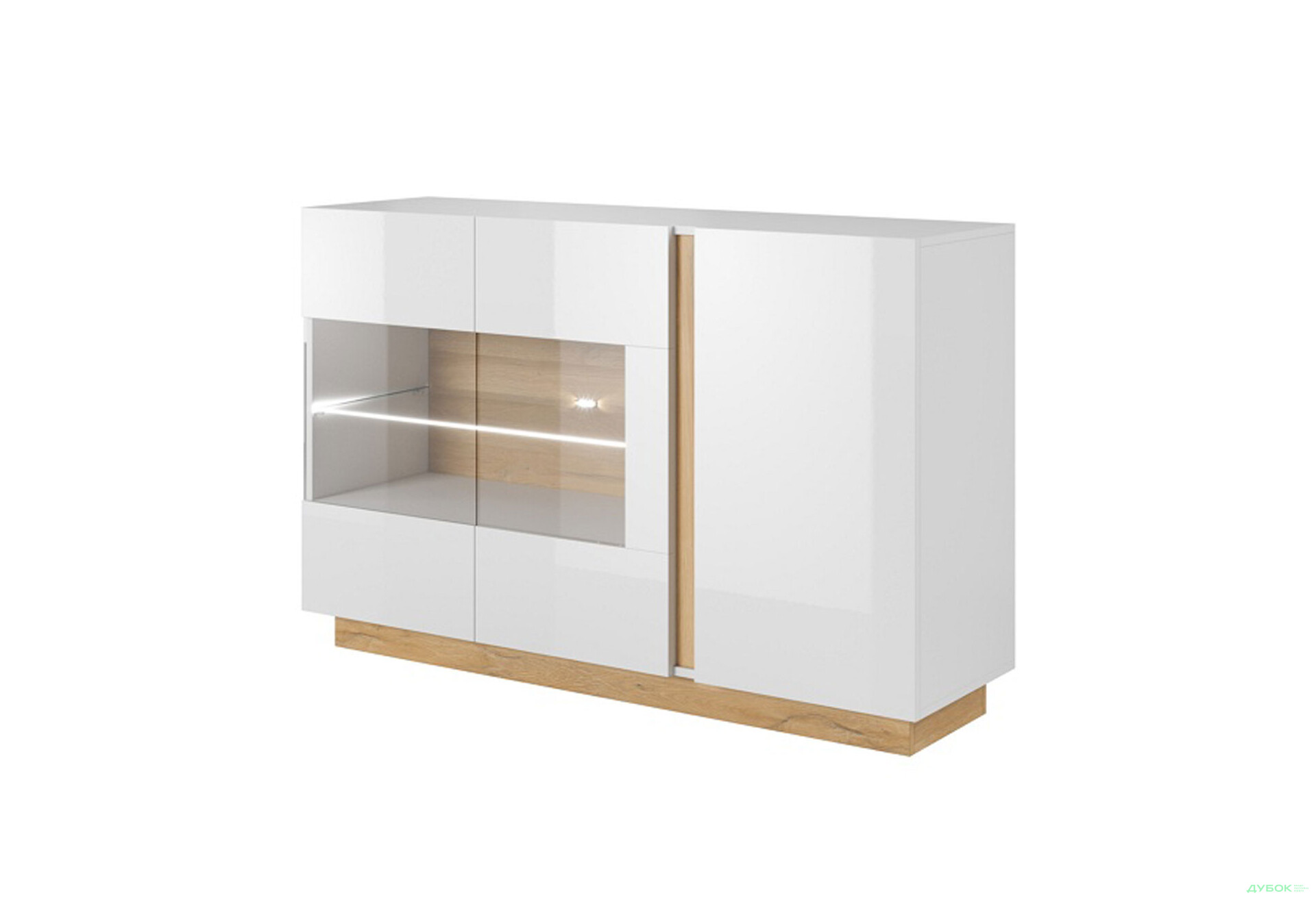 Комод Perfect Home Арко / Arco 3-дверний з 2 вітринами 138 см, білий глянець / дуб грандсон - Зображення 1 Зображення 1 - Комод Perfect Home Арко / Arco 3-дверний з 2 вітринами 138 см, білий глянець / дуб грандсон