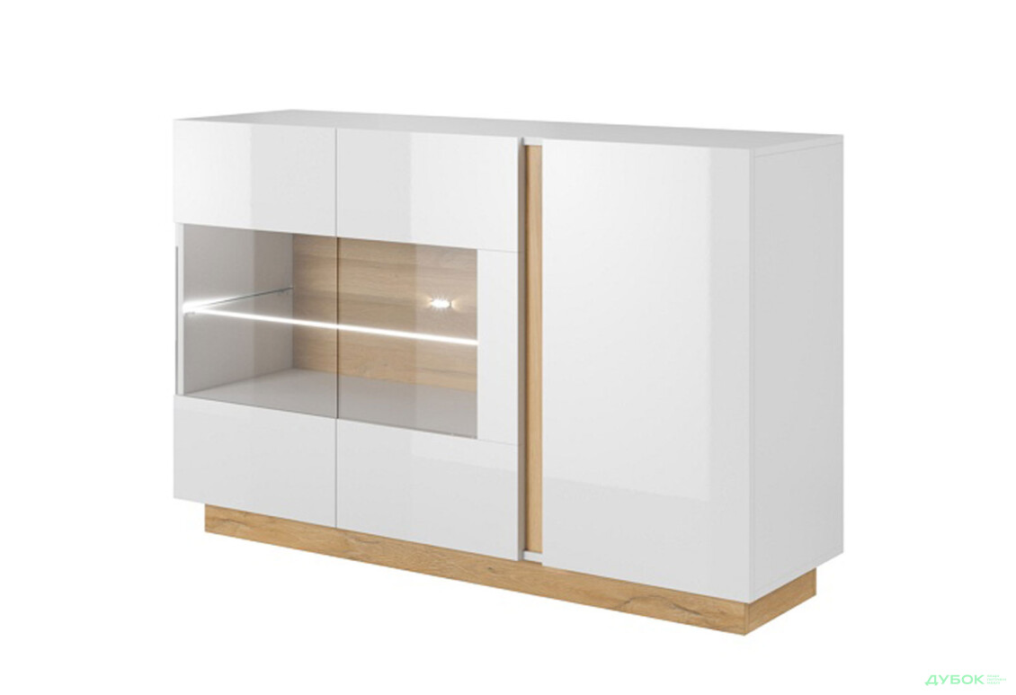 Комод Perfect Home Арко / Arco 3-дверний з 2 вітринами 138 см, білий глянець / дуб грандсон - Зображення 1 Зображення 1 - Комод Perfect Home Арко / Arco 3-дверний з 2 вітринами 138 см, білий глянець / дуб грандсон