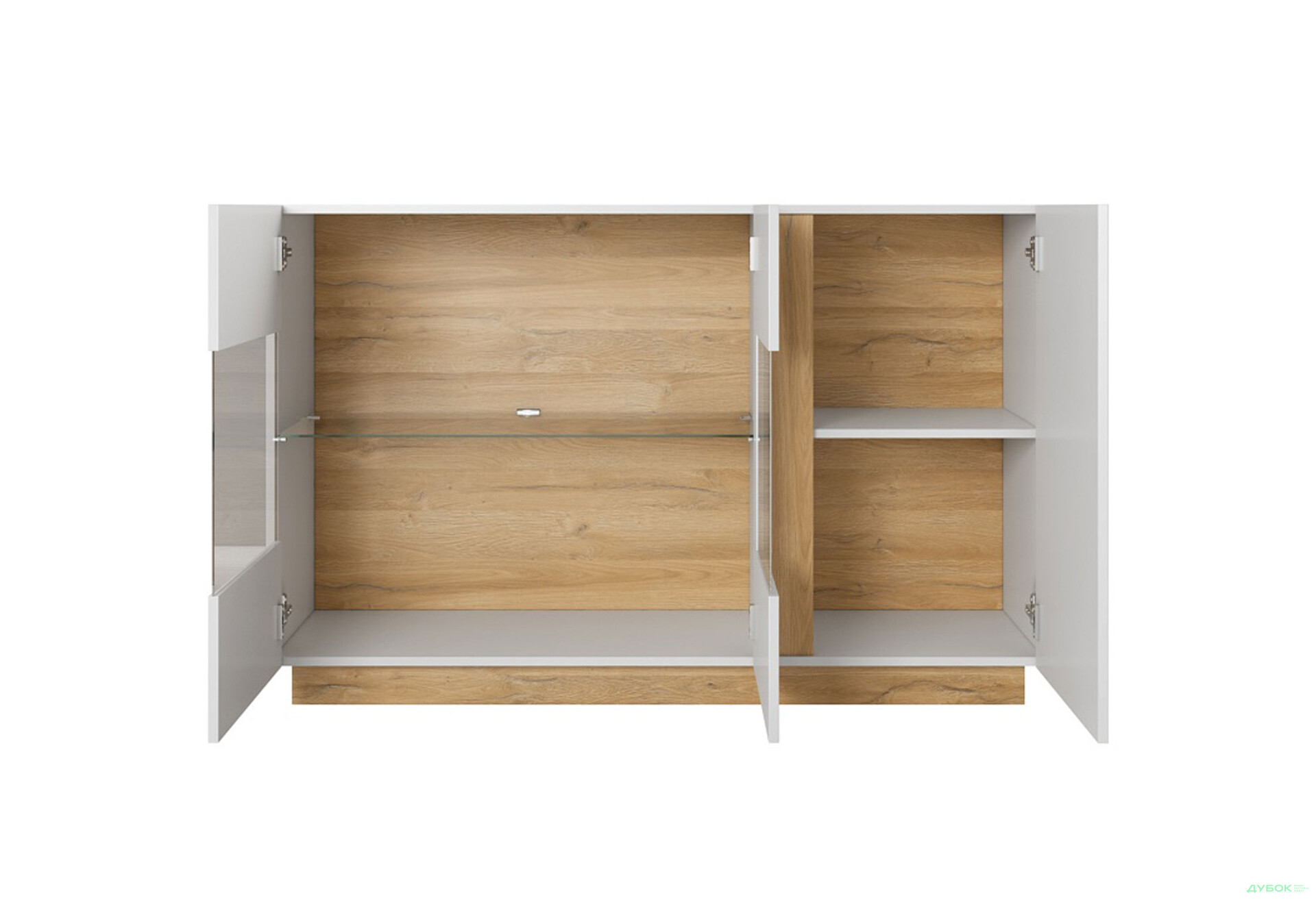Комод Perfect Home Арко / Arco 3-дверний з 2 вітринами 138 см, білий глянець / дуб грандсон - Зображення 3 Зображення 3 - Комод Perfect Home Арко / Arco 3-дверний з 2 вітринами 138 см, білий глянець / дуб грандсон