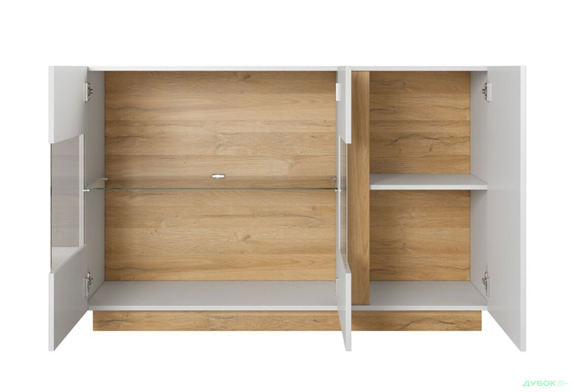 Комод Perfect Home Арко / Arco 3-дверний з 2 вітринами 138 см, білий глянець / дуб грандсон - Зображення 3 Зображення 3 - Комод Perfect Home Арко / Arco 3-дверний з 2 вітринами 138 см, білий глянець / дуб грандсон