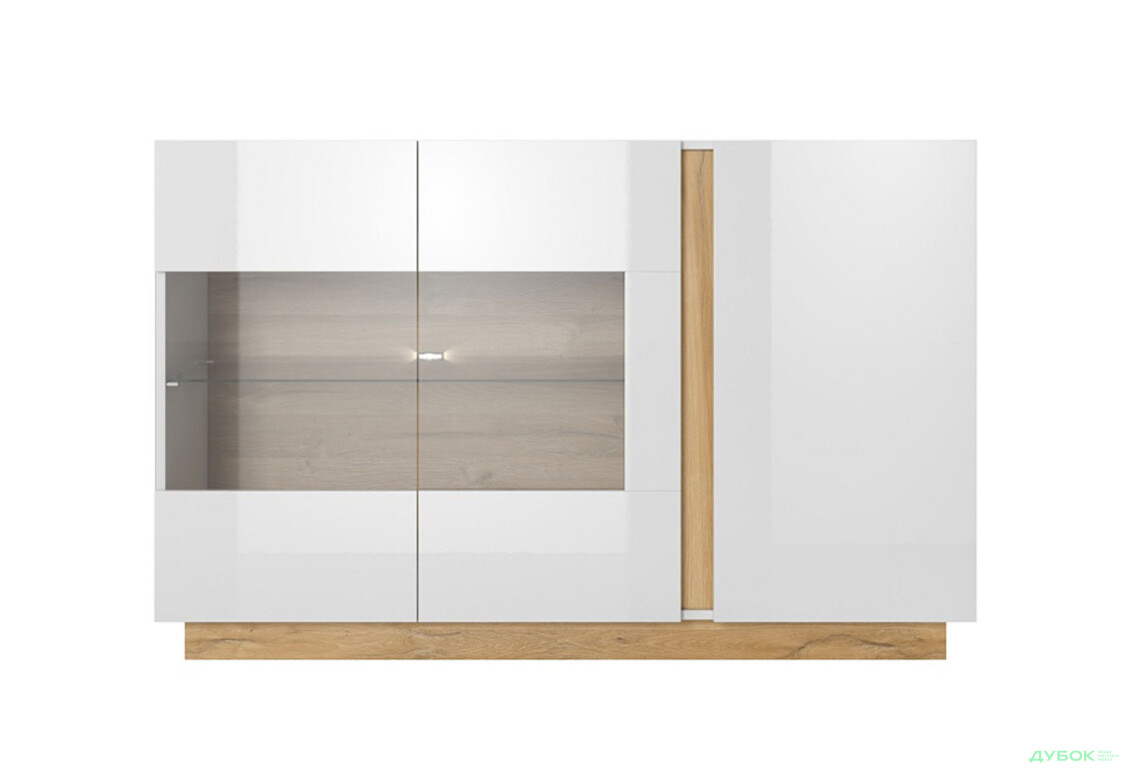 Комод Perfect Home Арко / Arco 3-дверний з 2 вітринами 138 см, білий глянець / дуб грандсон - Зображення 2 Зображення 2 - Комод Perfect Home Арко / Arco 3-дверний з 2 вітринами 138 см, білий глянець / дуб грандсон