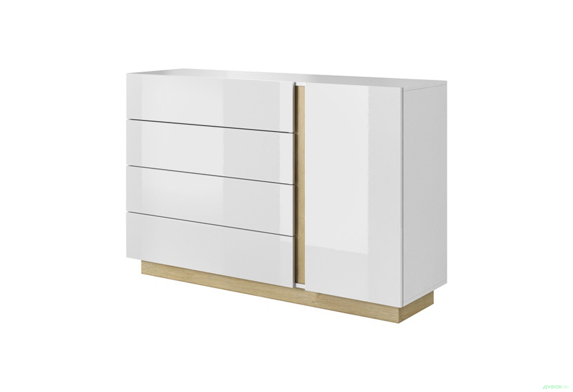 Комод Perfect Home Арко / Arco 1-дверный с 4 ящиками 138 см, белый глянец / дуб грандсон - Изображение 1 Изображение 1 - Комод Perfect Home Арко / Arco 1-дверный с 4 ящиками 138 см, белый глянец / дуб грандсон
