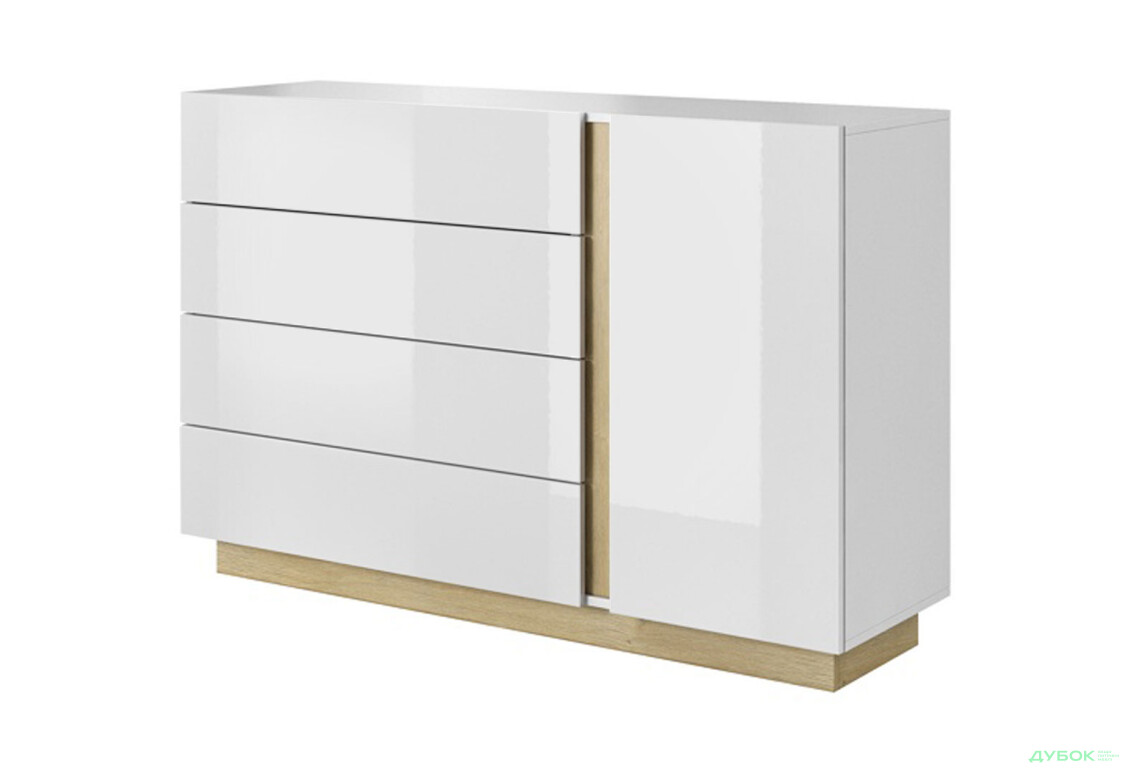 Комод Perfect Home Арко / Arco 1-дверный с 4 ящиками 138 см, белый глянец / дуб грандсон - Изображение 1 Изображение 1 - Комод Perfect Home Арко / Arco 1-дверный с 4 ящиками 138 см, белый глянец / дуб грандсон