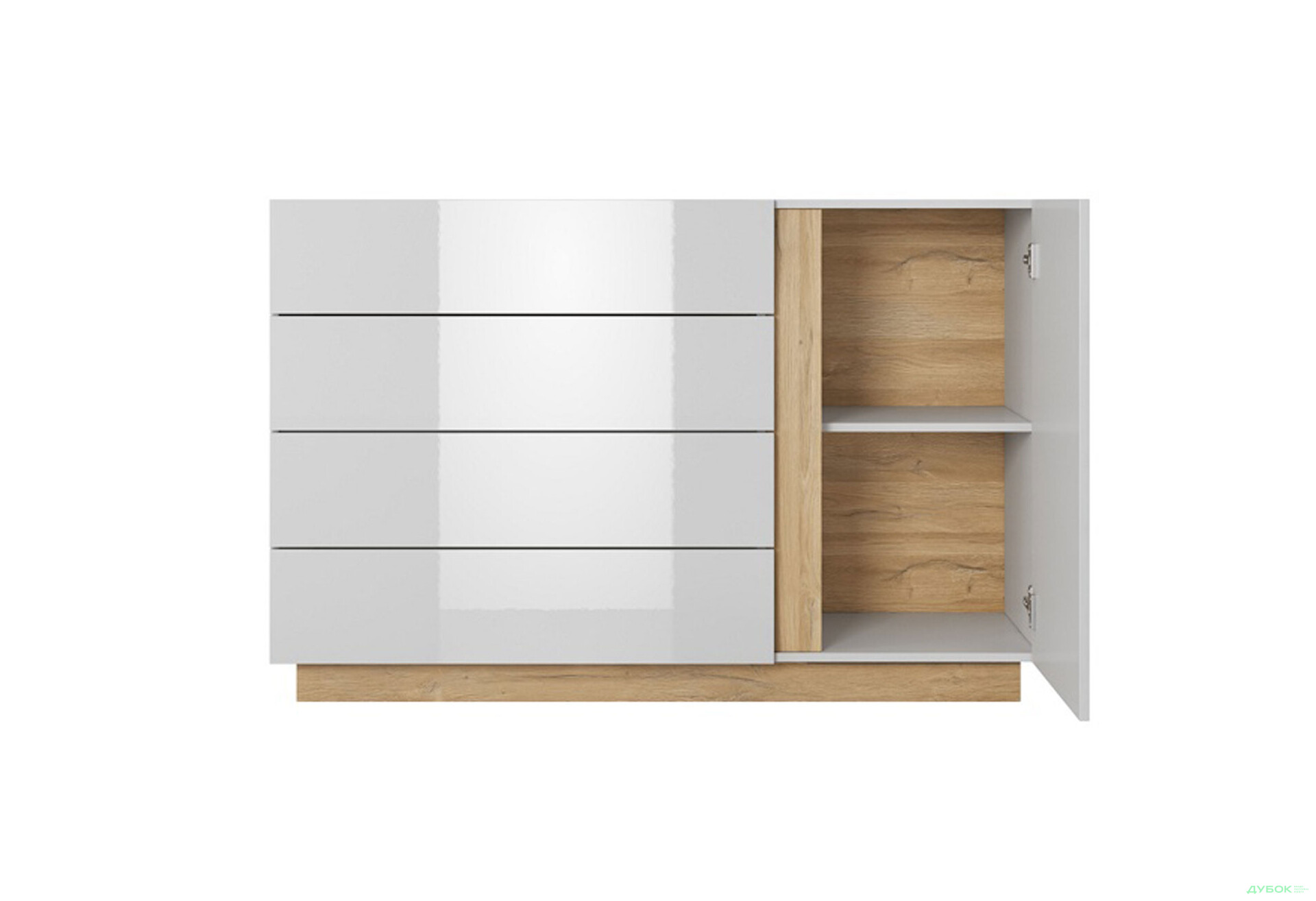 Комод Perfect Home Арко / Arco 1-дверный с 4 ящиками 138 см, белый глянец / дуб грандсон - Изображение 4 Изображение 4 - Комод Perfect Home Арко / Arco 1-дверный с 4 ящиками 138 см, белый глянец / дуб грандсон