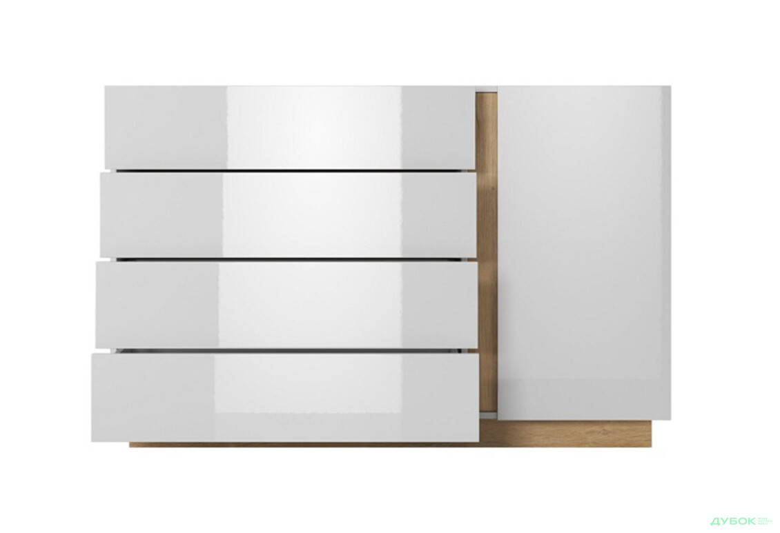 Комод Perfect Home Арко / Arco 1-дверный с 4 ящиками 138 см, белый глянец / дуб грандсон - Изображение 5 Изображение 5 - Комод Perfect Home Арко / Arco 1-дверный с 4 ящиками 138 см, белый глянец / дуб грандсон