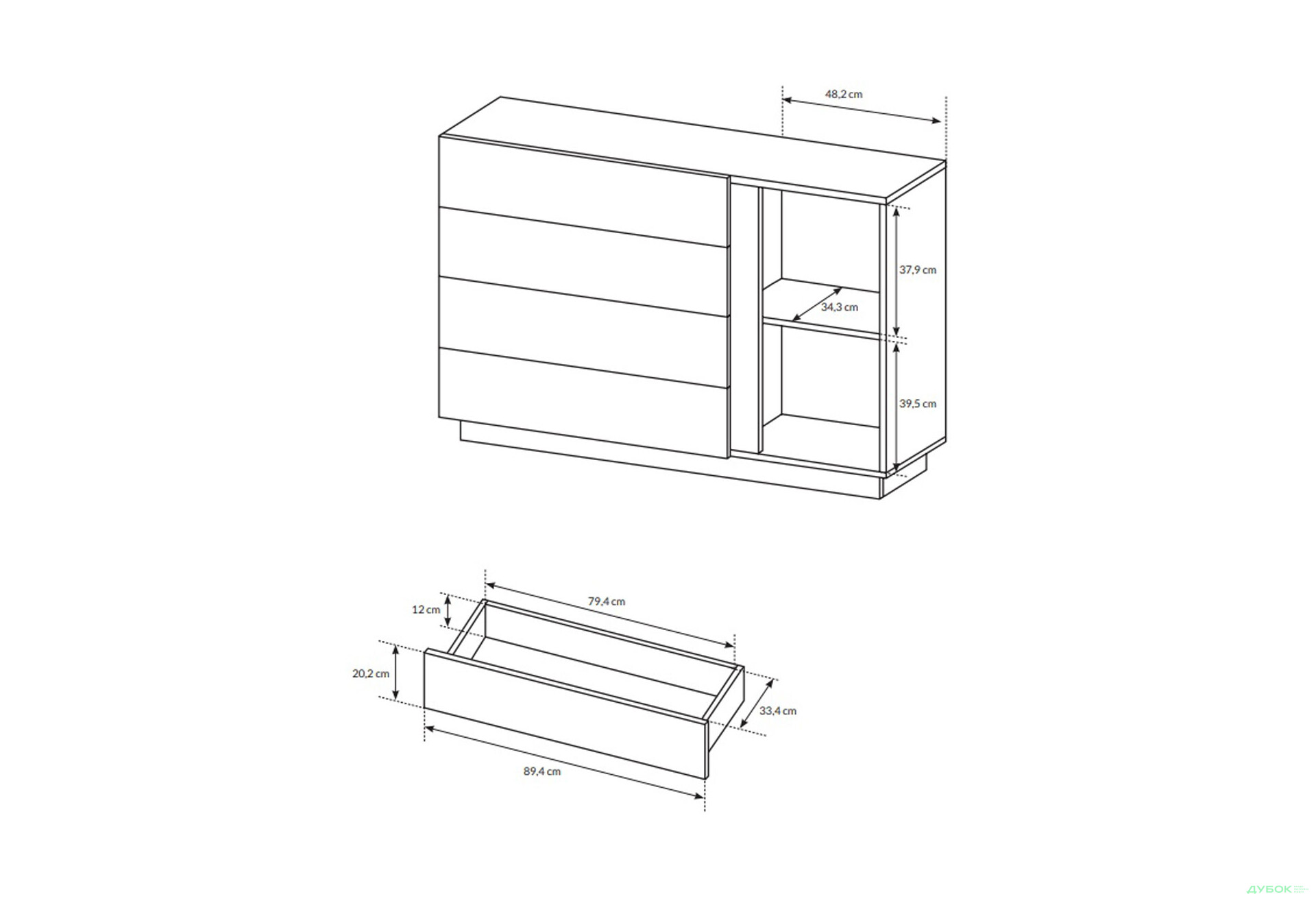 Комод Perfect Home Арко / Arco 1-дверный с 4 ящиками 138 см, белый глянец / дуб грандсон - Изображение 6 Изображение 6 - Комод Perfect Home Арко / Arco 1-дверный с 4 ящиками 138 см, белый глянец / дуб грандсон