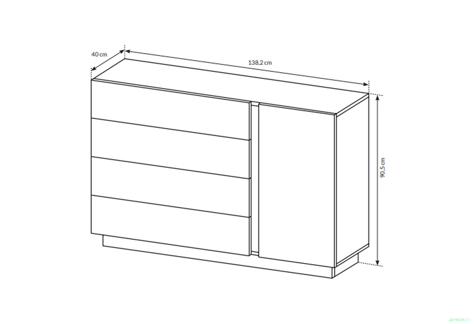 Комод Perfect Home Арко / Arco 1-дверный с 4 ящиками 138 см, белый глянец / дуб грандсон - Изображение 7 Изображение 7 - Комод Perfect Home Арко / Arco 1-дверный с 4 ящиками 138 см, белый глянец / дуб грандсон