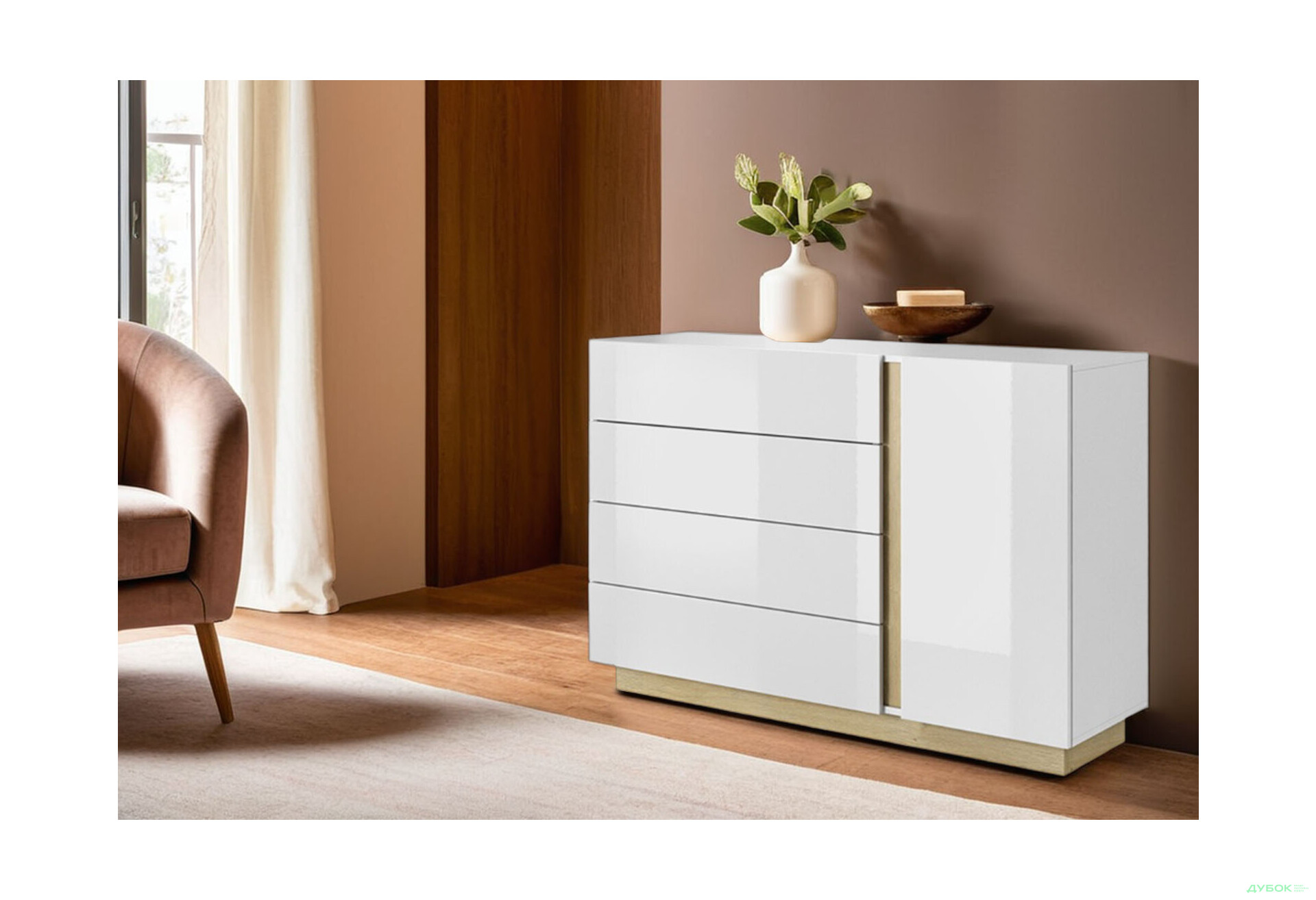 Комод Perfect Home Арко / Arco 1-дверный с 4 ящиками 138 см, белый глянец / дуб грандсон - Изображение 2 Изображение 2 - Комод Perfect Home Арко / Arco 1-дверный с 4 ящиками 138 см, белый глянец / дуб грандсон