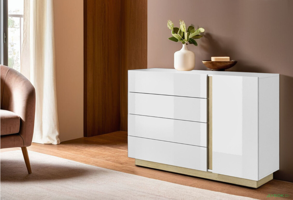 Комод Perfect Home Арко / Arco 1-дверный с 4 ящиками 138 см, белый глянец / дуб грандсон - Изображение 2 Изображение 2 - Комод Perfect Home Арко / Arco 1-дверный с 4 ящиками 138 см, белый глянец / дуб грандсон