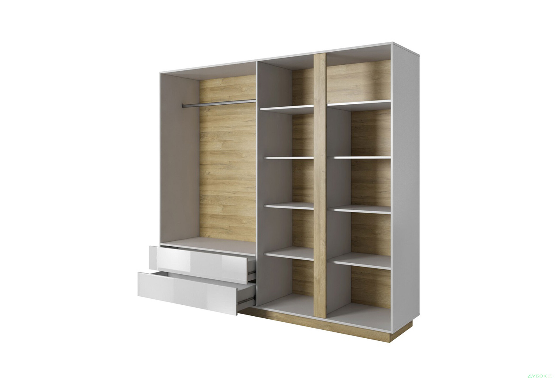 Шафа Perfect Home Арко / Arco 4-дверна з 2 шухлядами 220 см, білий глянець / дуб грандсон - Зображення 7 Зображення 7 - Шафа Perfect Home Арко / Arco 4-дверна з 2 шухлядами 220 см, білий глянець / дуб грандсон