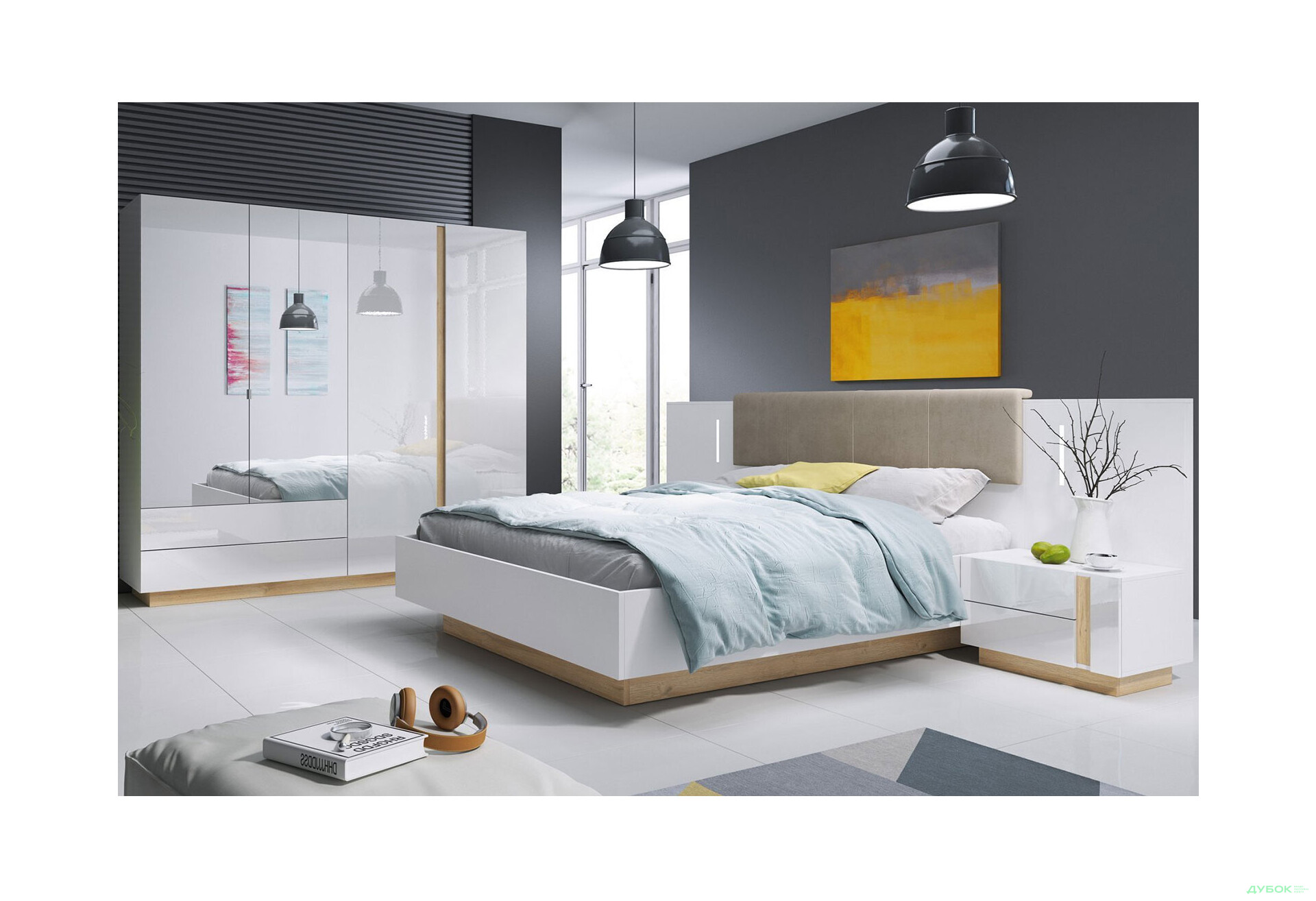 Шафа Perfect Home Арко / Arco 4-дверна з 2 шухлядами 220 см, білий глянець / дуб грандсон - Зображення 2 Зображення 2 - Шафа Perfect Home Арко / Arco 4-дверна з 2 шухлядами 220 см, білий глянець / дуб грандсон