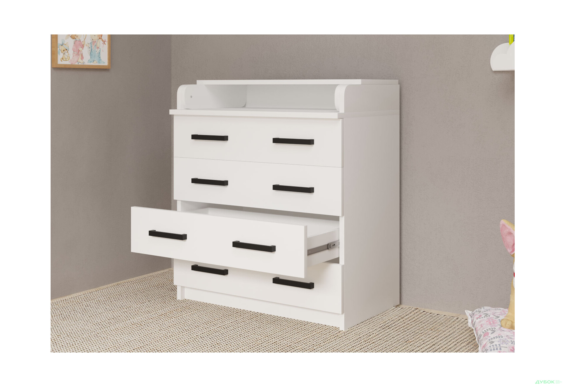 Комод MebelStar з 4 шухлядами та пеленальною надбудовою 80 см білий сніг - Зображення 7 Зображення 7 - Комод MebelStar з 4 шухлядами та пеленальною надбудовою 80 см білий сніг