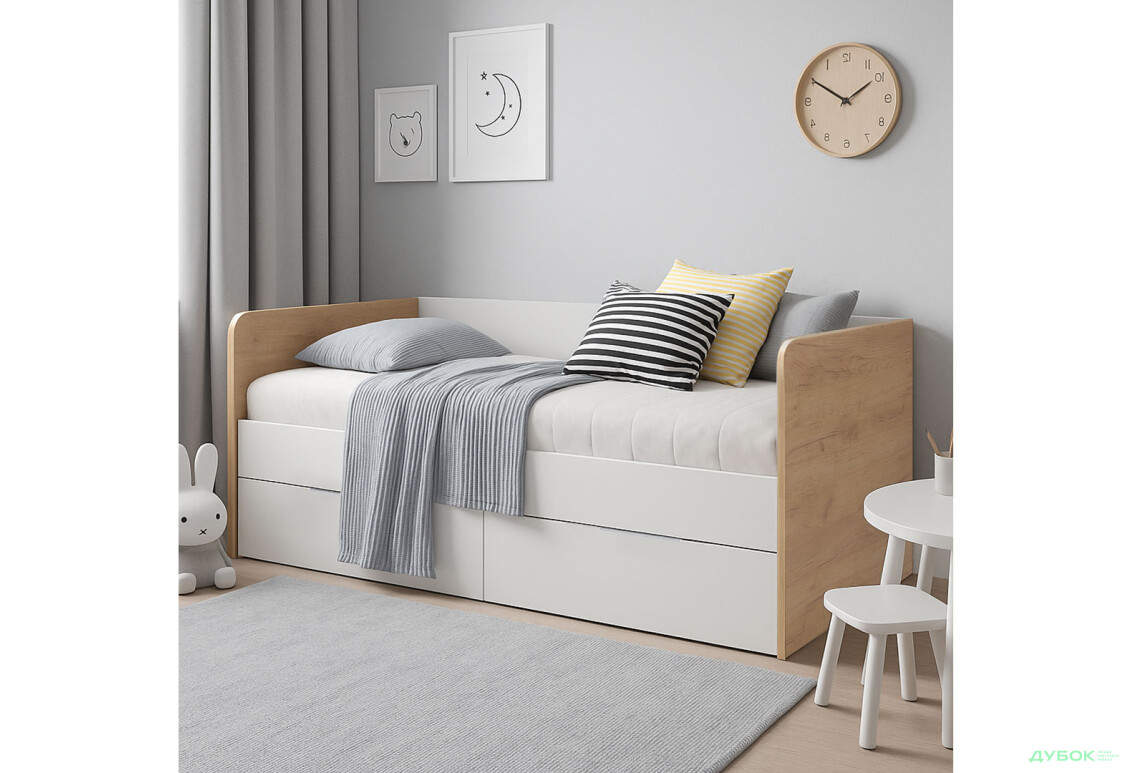 Кровать MiroMark Асти Джуниор (с вкладом) 90х200 см с ящиками, глянец белый / дуб крафт - Изображение 2 Изображение 2 - Кровать MiroMark Асти Джуниор (с вкладом) 90х200 см с ящиками, глянец белый / дуб крафт