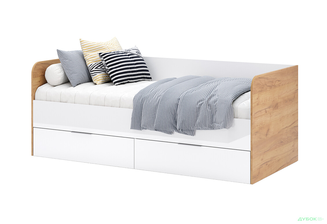 Ліжко MiroMark Асті Джуніор (з вкладом) 90х200 см з шухлядами, глянець білий / дуб крафт