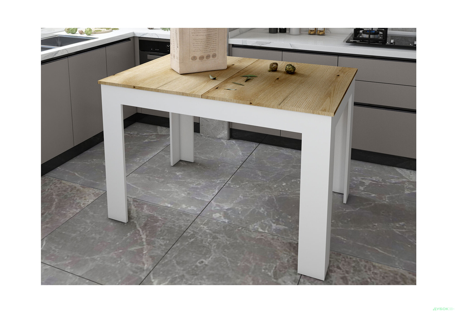 Столовий стіл Doros Флінт розкладний 120 см, білий / дуб артизан - Зображення 2 Зображення 2 - Столовий стіл Doros Флінт розкладний 120 см, білий / дуб артизан