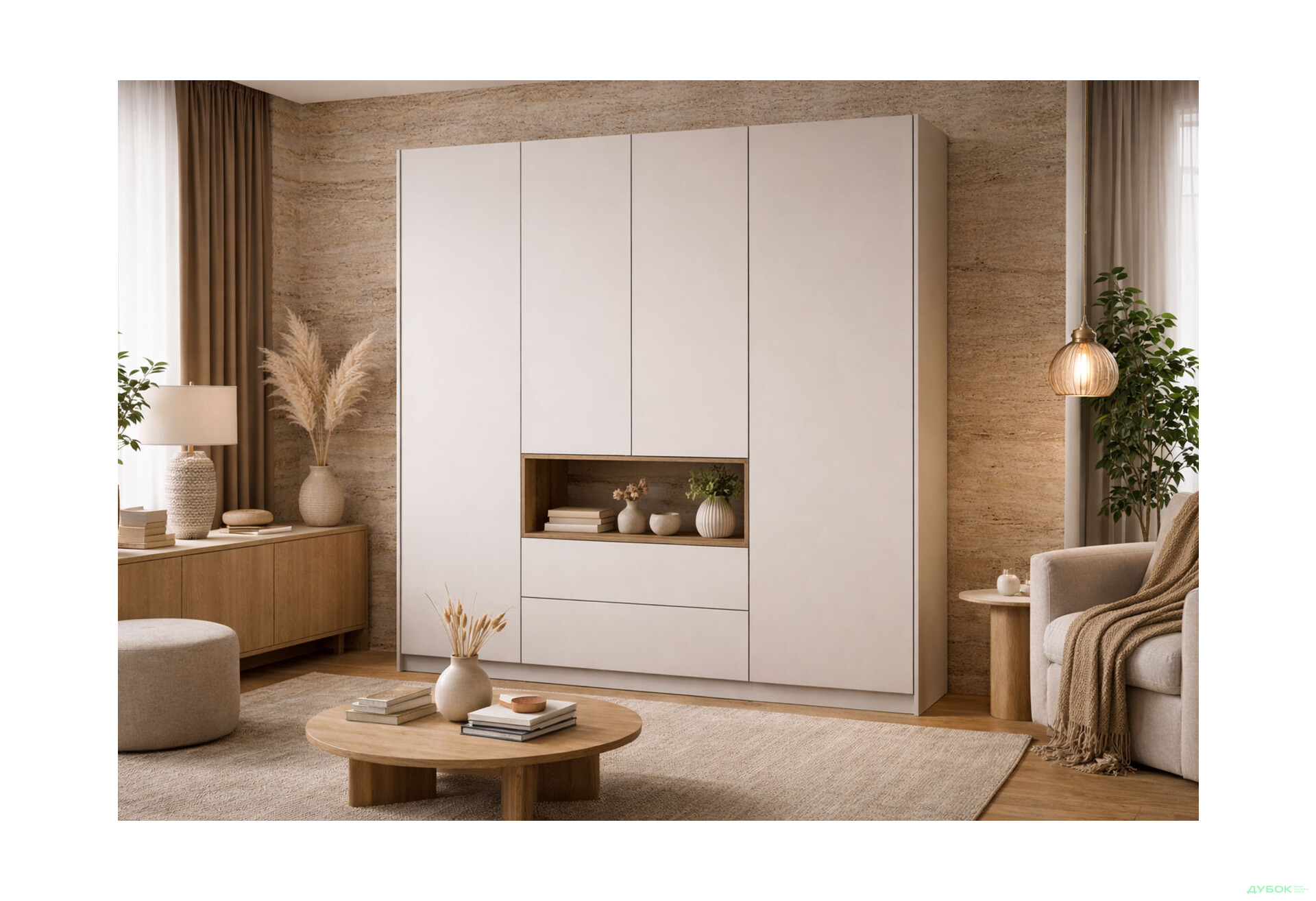 Изображение 2 - Шкаф Doros Дейл 4-дверный с нишей и 2 ящиками 206 см, Кашемир / Дуб Артизан