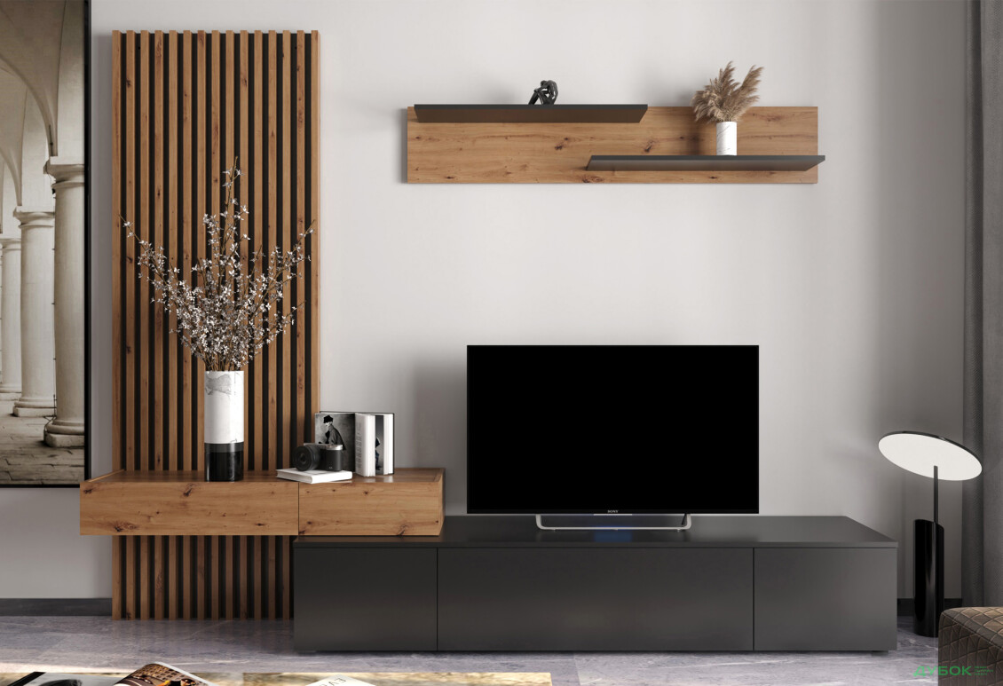 Стінка Гербор Ребека Плюс 250 см дуб артизан / чорний - Зображення 1 Зображення 1 - Стінка Гербор Ребека Плюс 250 см дуб артизан / чорний