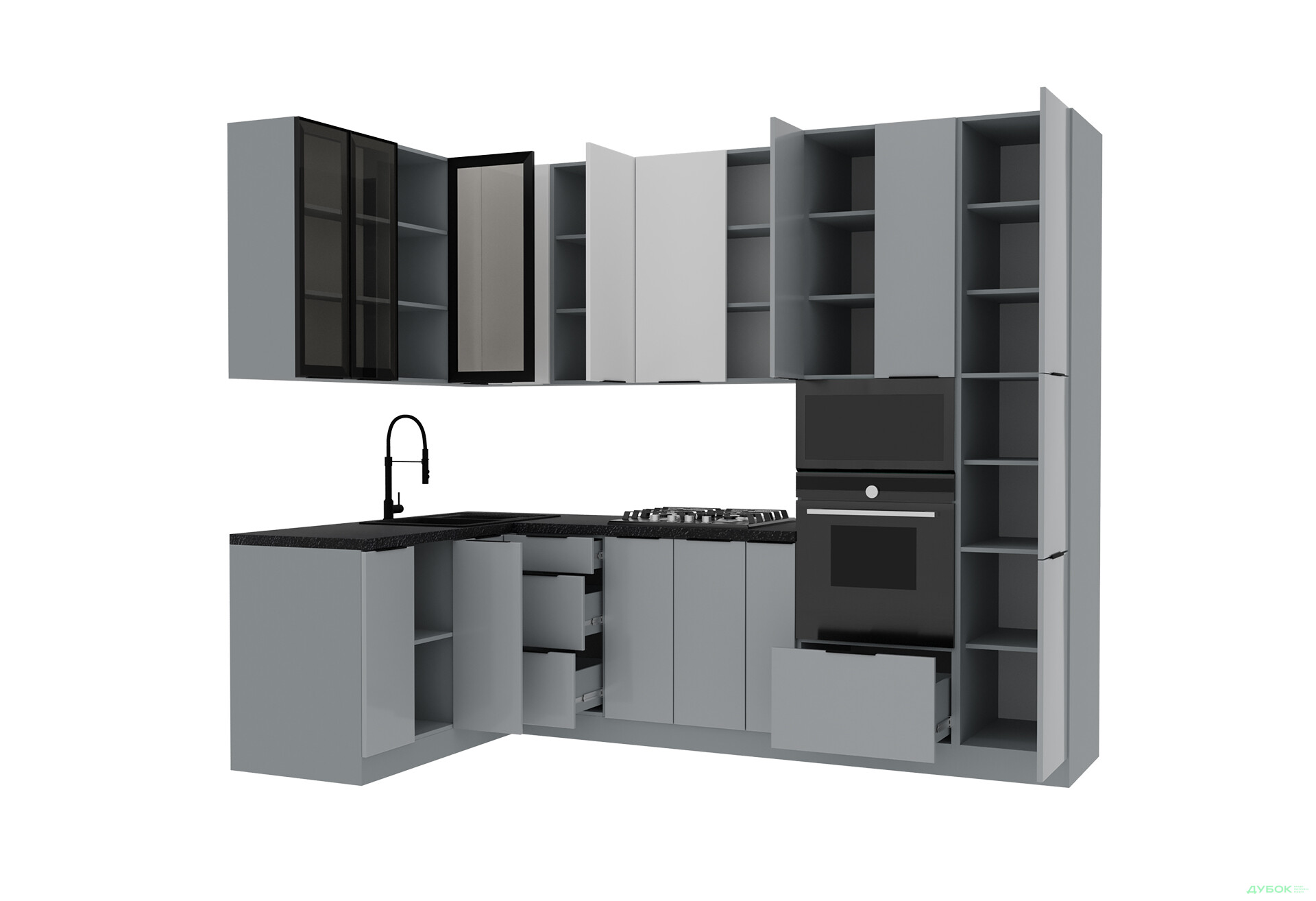 Кутова кухня Діплос / Diplos Blum 1.6х2.8 MebelStar, сірий глянець, білий agt - Зображення 3 Зображення 3 - Кутова кухня Діплос / Diplos Blum 1.6х2.8 MebelStar, сірий глянець, білий agt