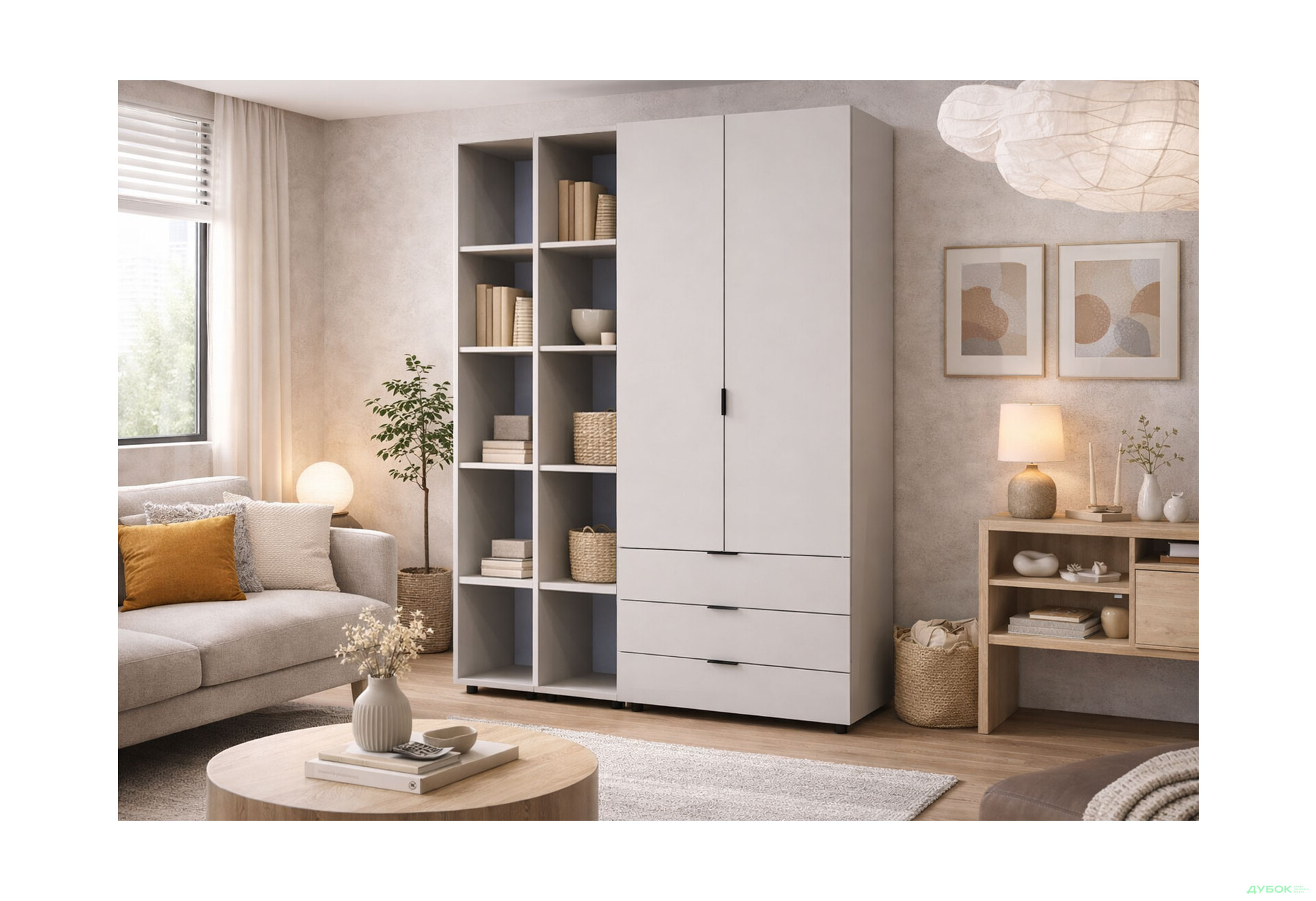 Зображення 2 - Шафа Doros Гелар 2 ДСП 2-дверна з 3 шухлядами та 2 етажерками 154 см Кашемір