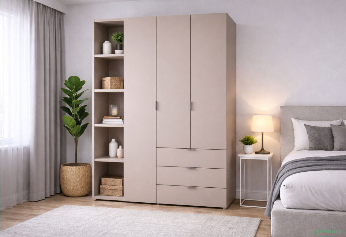 Зображення 2 - Шафа Doros Гелар 3 ДСП 3-дверна з 3 шухлядами та етажеркою 154 см Кашемір