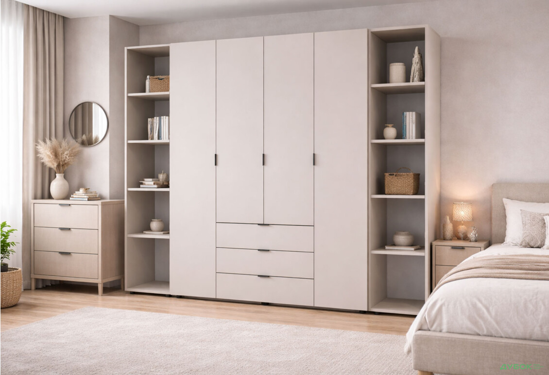 Зображення 2 - Шафа Doros Гелар 4 ДСП 4-дверна з 3 шухлядами та 2 етажерками 231 см Кашемір