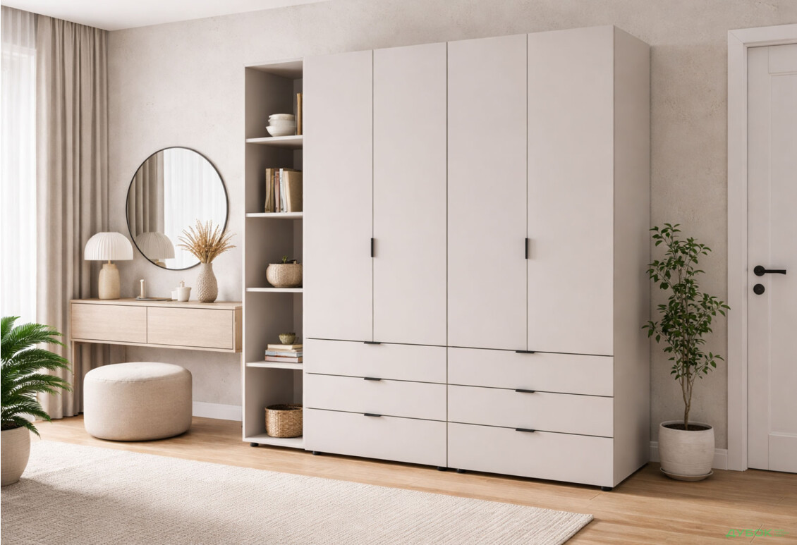 Изображение 2 - Шкаф Doros Гелар 2+2 ДСП 4-дверная с 6 ящиками и этажеркой 193 см Кашемир