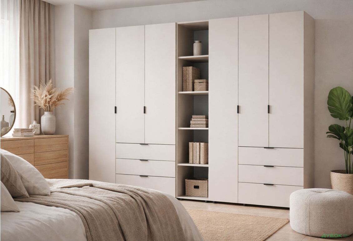 Зображення 2 - Шафа Doros Гелар ДСП дві 3-дверні з шухлядами та етажеркою 271 см Кашемір