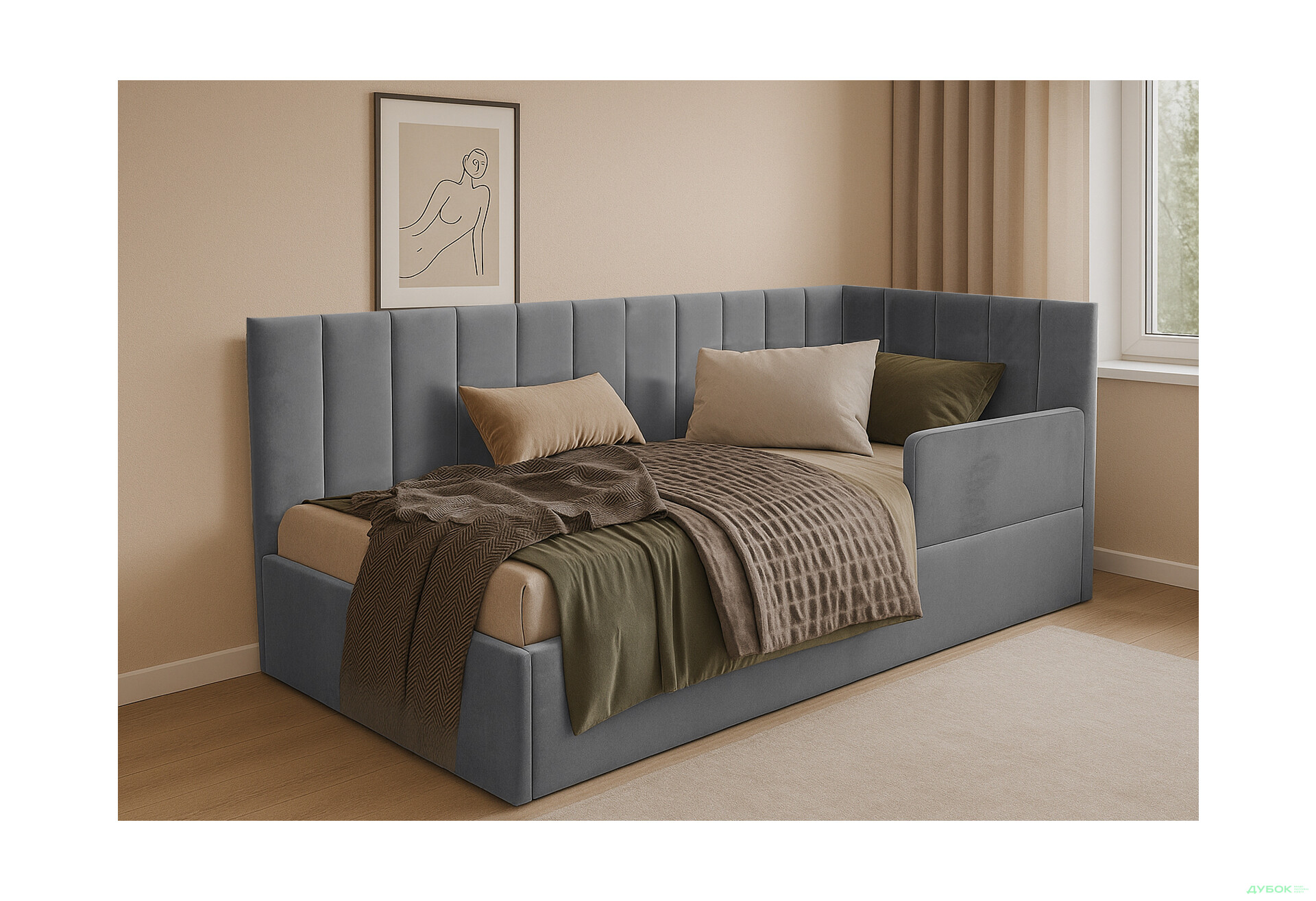 Ліжко-подіум Vika Перлина New підйомне + бортик, збірка права, 90х200 см, темно-сіре - Зображення 2 Зображення 2 - Ліжко-подіум Vika Перлина New підйомне + бортик, збірка права, 90х200 см, темно-сіре