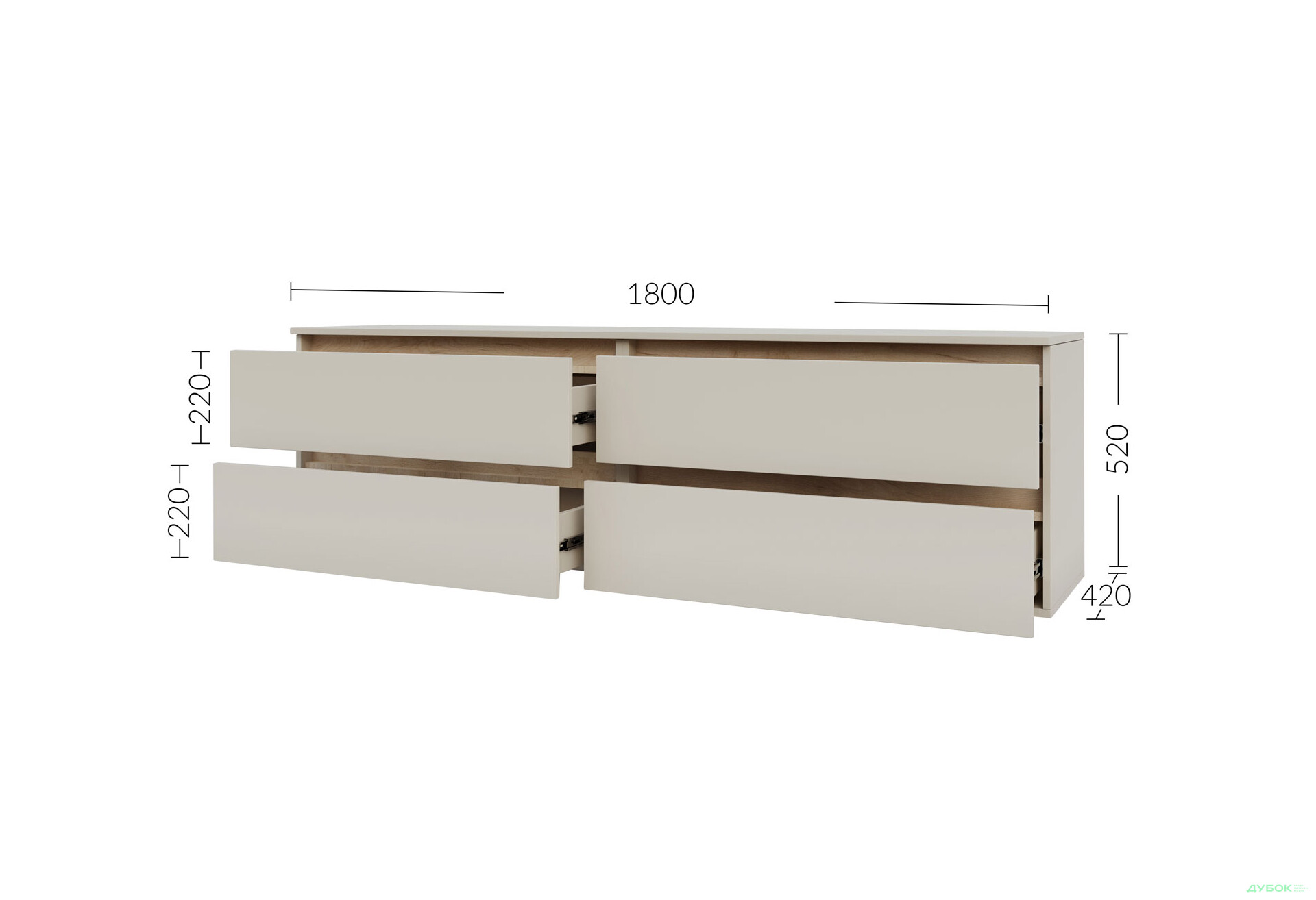 Тумба під ТВ Garant Ідея з 4 шухлядами 180 см, сатин / дуб крафт золотий - Зображення 3 Зображення 3 - Тумба під ТВ Garant Ідея з 4 шухлядами 180 см, сатин / дуб крафт золотий