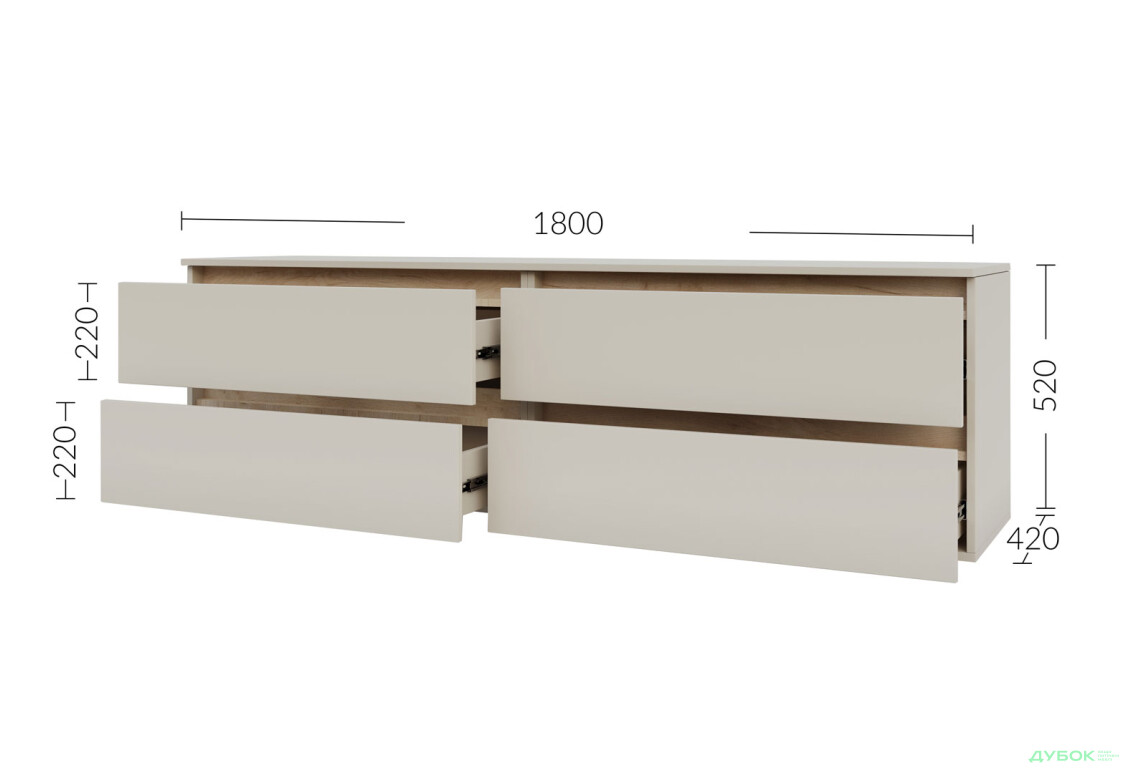 Тумба під ТВ Garant Ідея з 4 шухлядами 180 см, сатин / дуб крафт золотий - Зображення 3 Зображення 3 - Тумба під ТВ Garant Ідея з 4 шухлядами 180 см, сатин / дуб крафт золотий