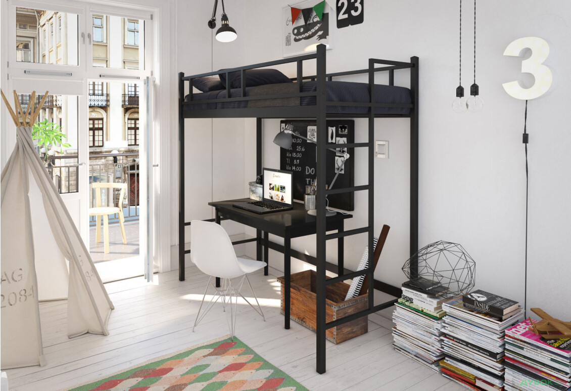 Кровать Tenero Фулхэм чердак металлическая с вкладом металл + ДВП 90х200