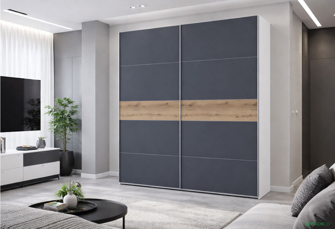 Зображення 2 - Шафа-купе Doros G-Caiser / Джі-Кейзер 2-дверна 220 см, білий / графіт вставка дуб евок