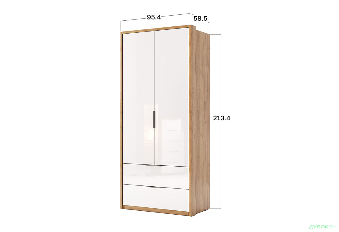 Шафа MiroMark Асті 2-дверна з 2 шухлядами 95 см без дзеркал Дуб крафт / Білий, серія Н - Зображення 4 Зображення 4 - Шафа MiroMark Асті 2-дверна з 2 шухлядами 95 см без дзеркал Дуб крафт / Білий, серія Н